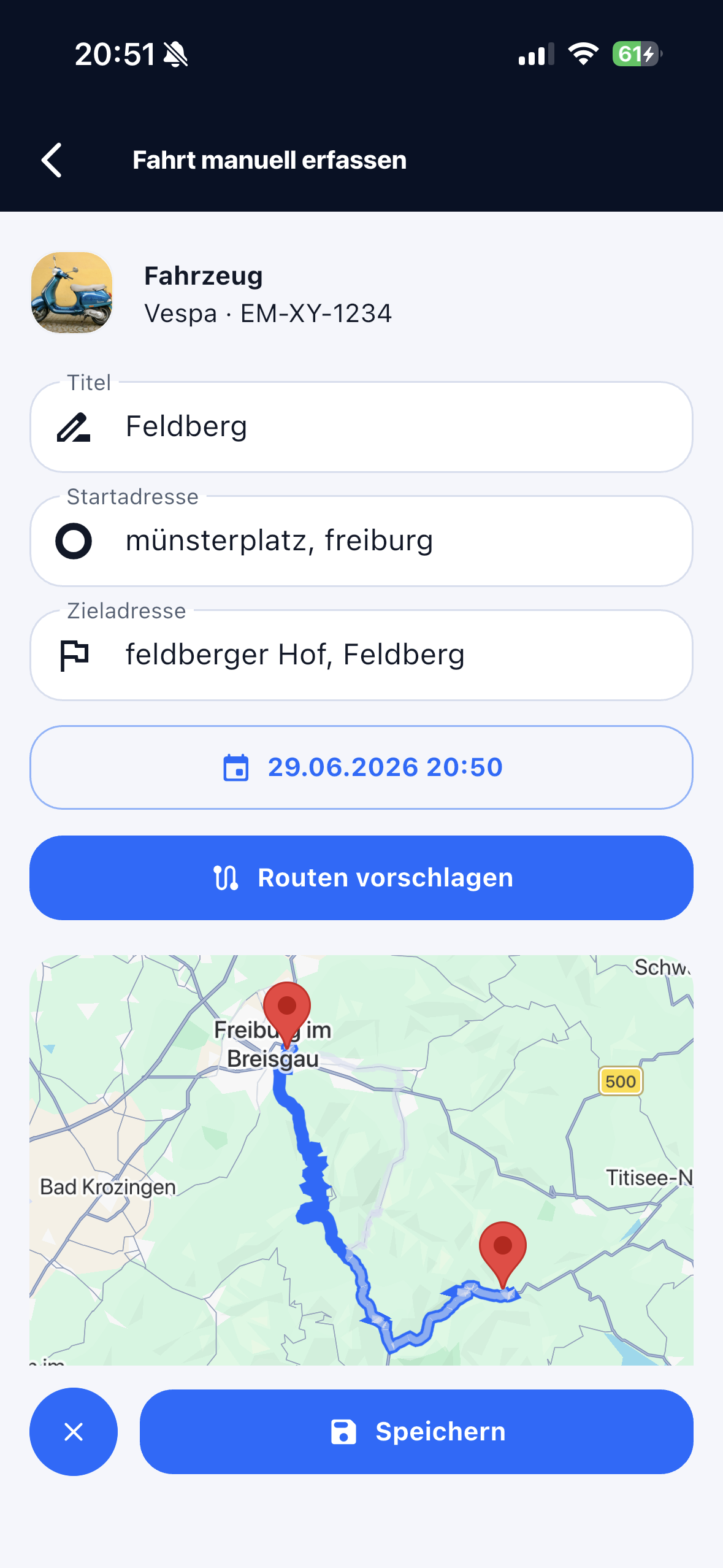 Routeo: Manuelle Fahrt mit Fahrzeug, Start, Ziel und Datum