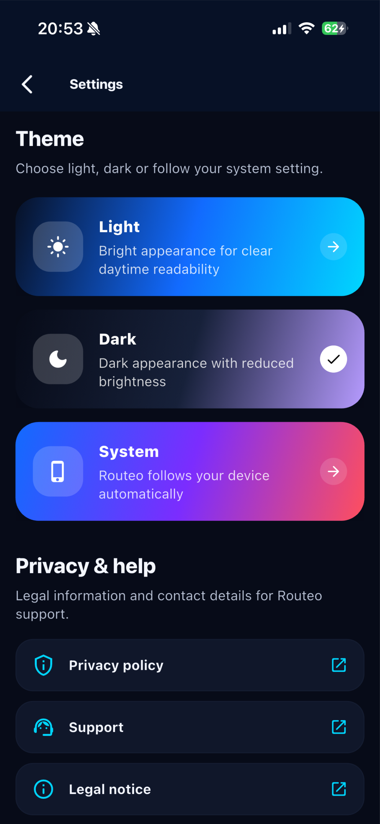Routeo light mode screenshot