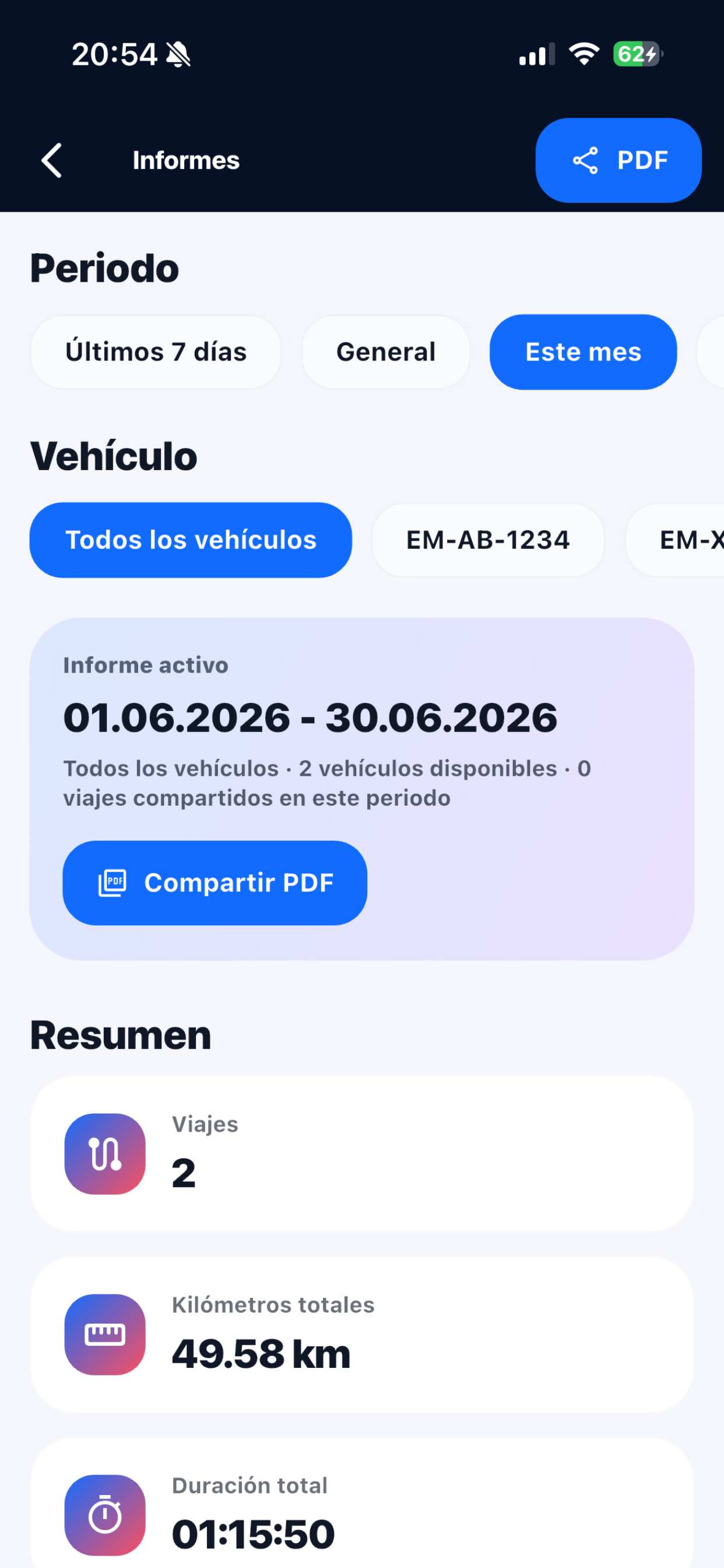 Routeo: Informe con filtros de mes y vehículo y kilómetros totales