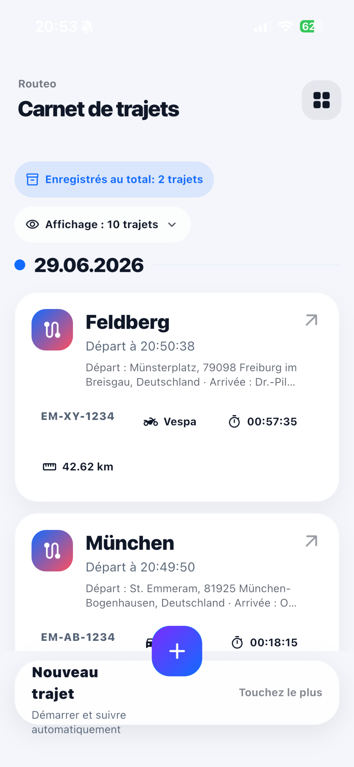 Routeo trip log screenshot