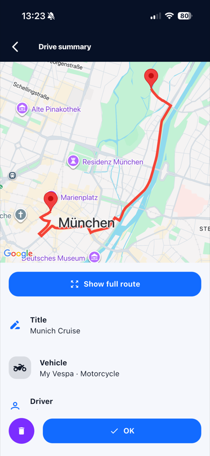Routeo Fahrtenzusammenfassung mit Kartenansicht einer Strecke