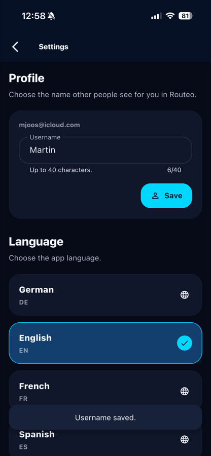 Routeo Einstellungen mit Profil und Sprachauswahl
